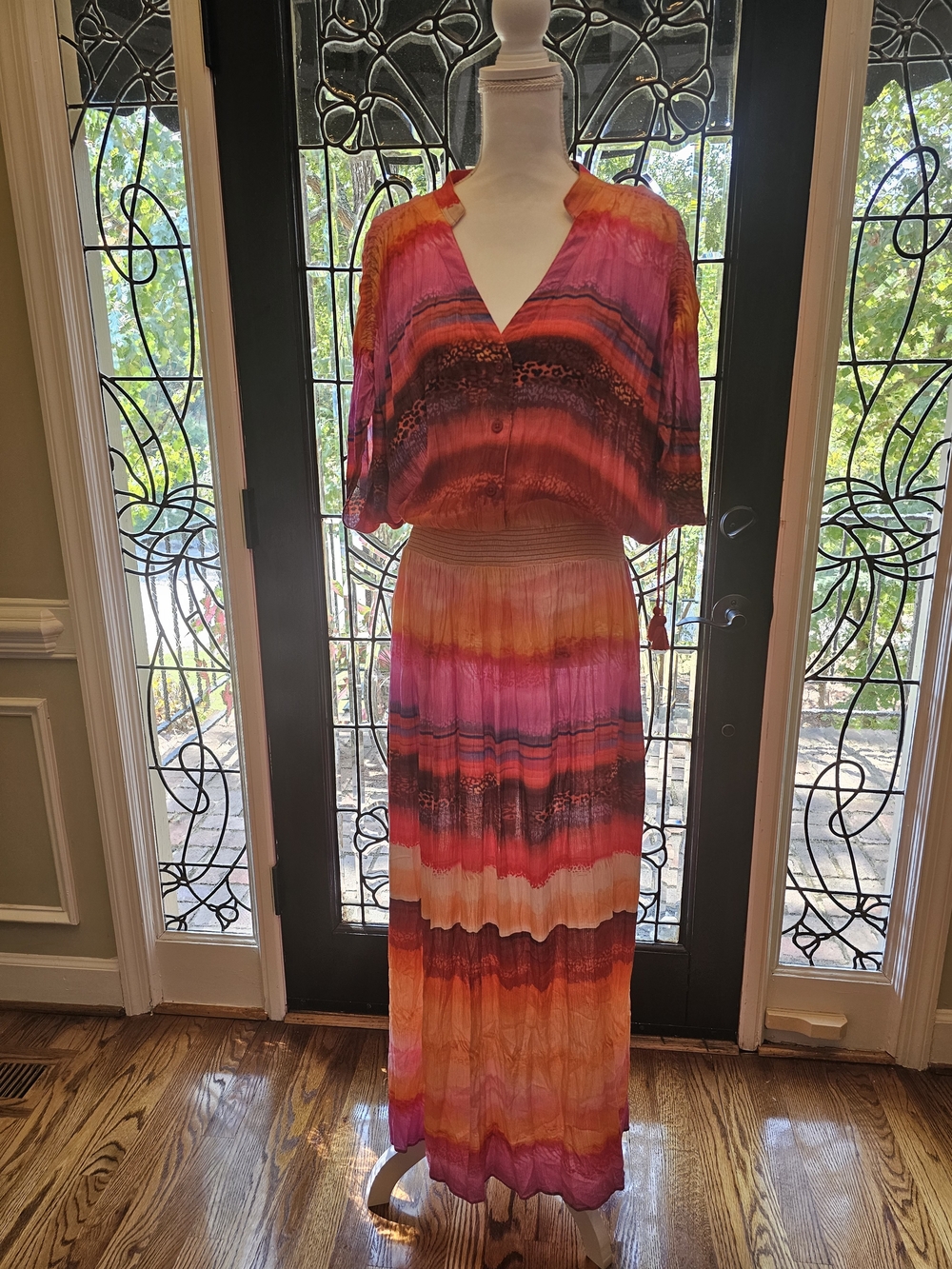 Chico's Vibrant Pink Orange Red Striped Maxi Skirt